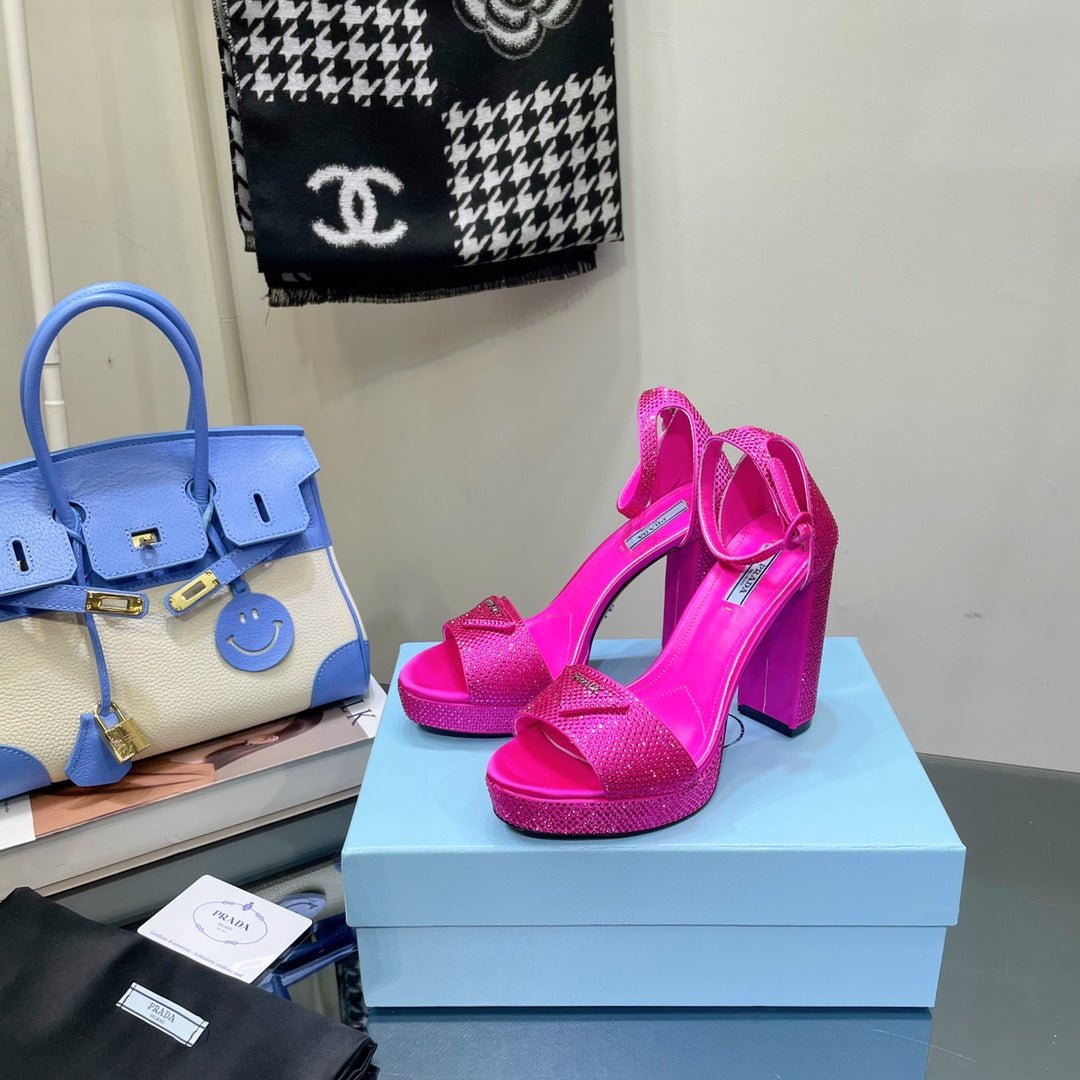 Sandalias de satén con plataforma y cristales PRADA