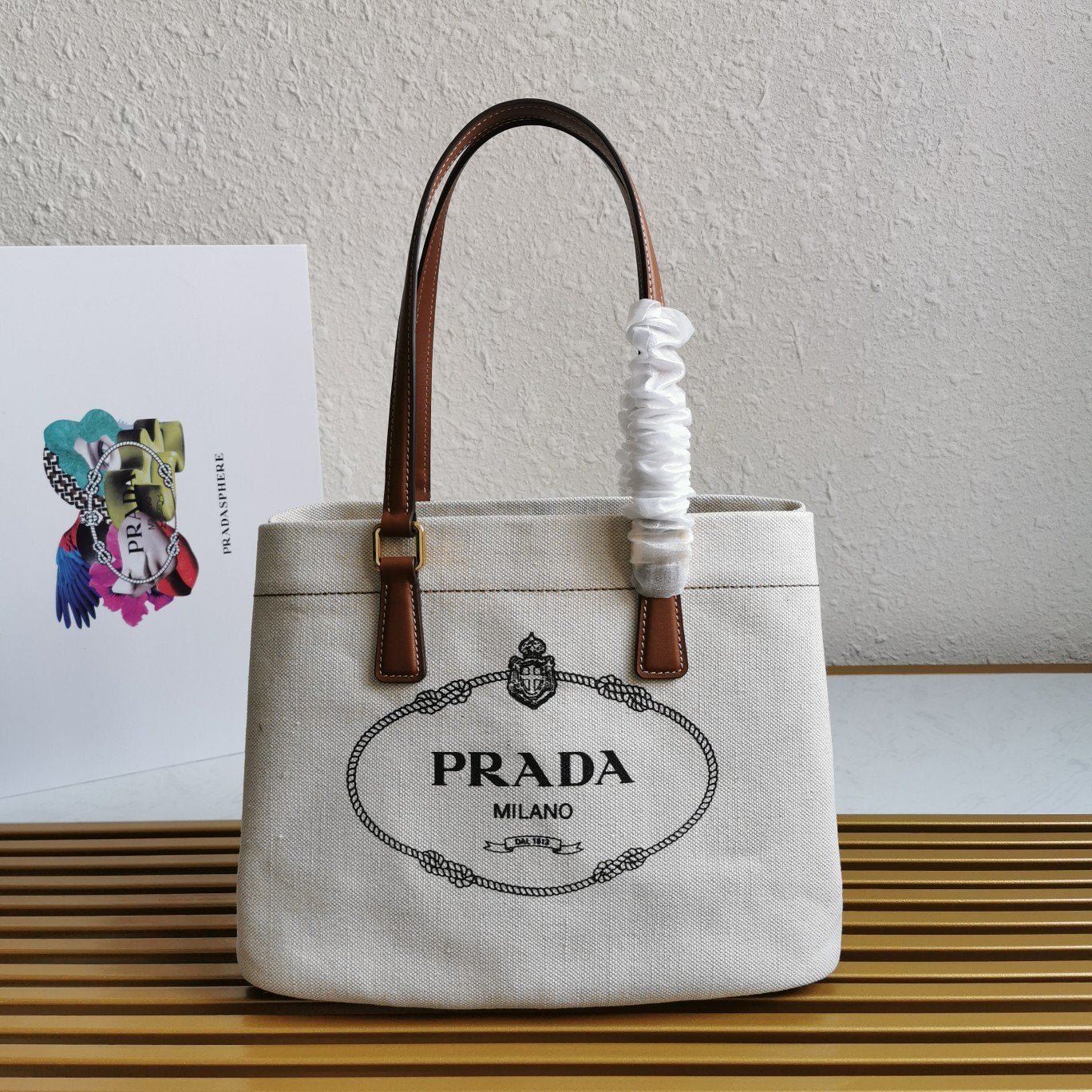 Tote de piel y lino combinado PRADA