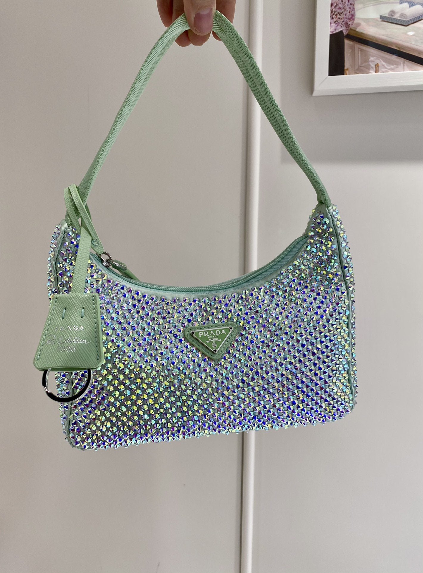 Minibolso de satén con cristales artificiales PRADA