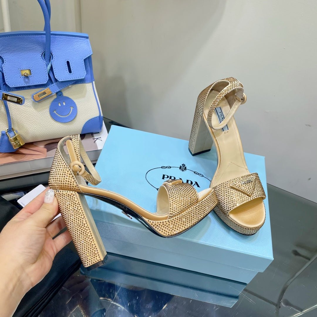 Sandalias de satén con plataforma y cristales PRADA