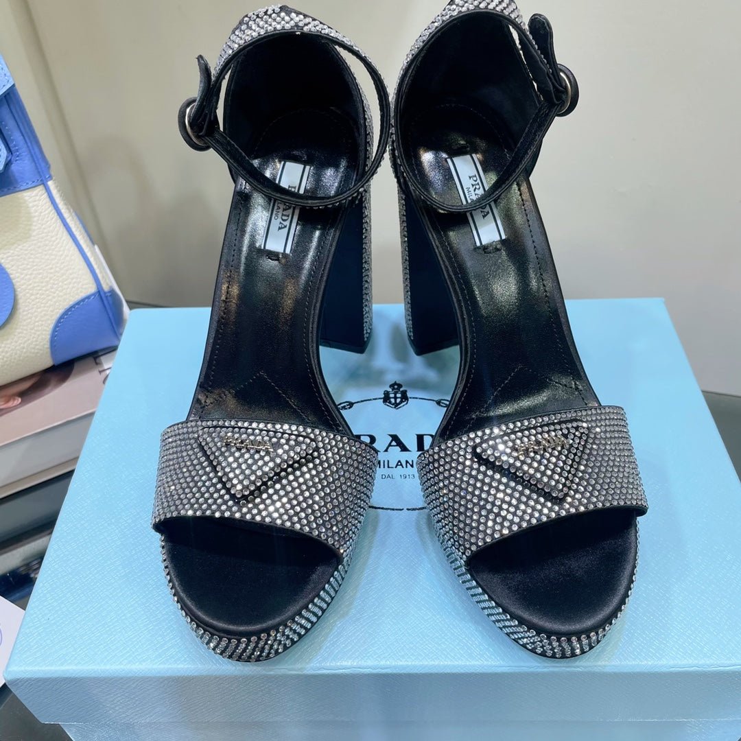 Sandalias de satén con plataforma y cristales PRADA